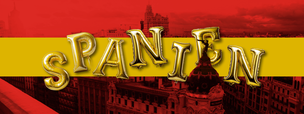 Titelgrafik Spanien mit goldenen Buchstaben vor Flagge – Grafikdesign von Marco Pendt