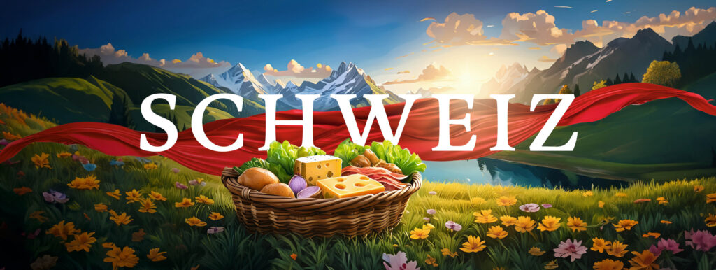 Titelgrafik Schweiz mit Obstkorb vor Alpenpanorama – Grafikdesign von Marco Pendt