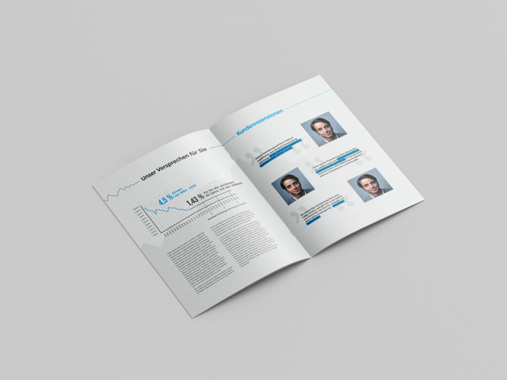Aufgeschlagene Broschüre mit Porträts und Text, Mockup – Grafikdesign von Marco Pendt