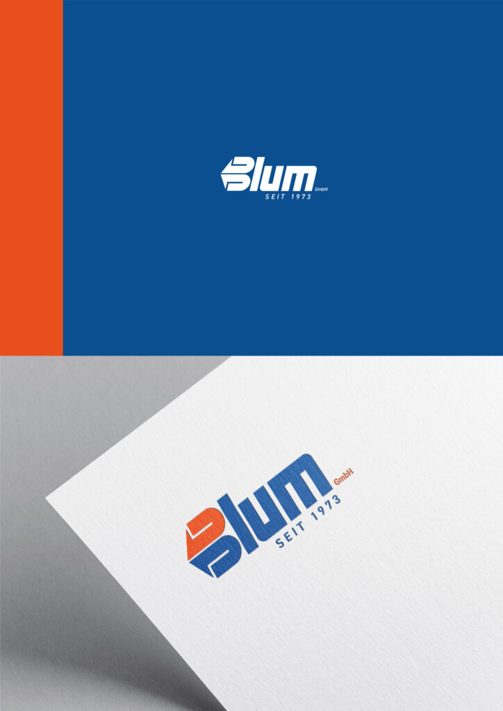 Logo Blum auf blau-orangem Hintergrund und auf Papier – Grafikdesign von Marco Pendt