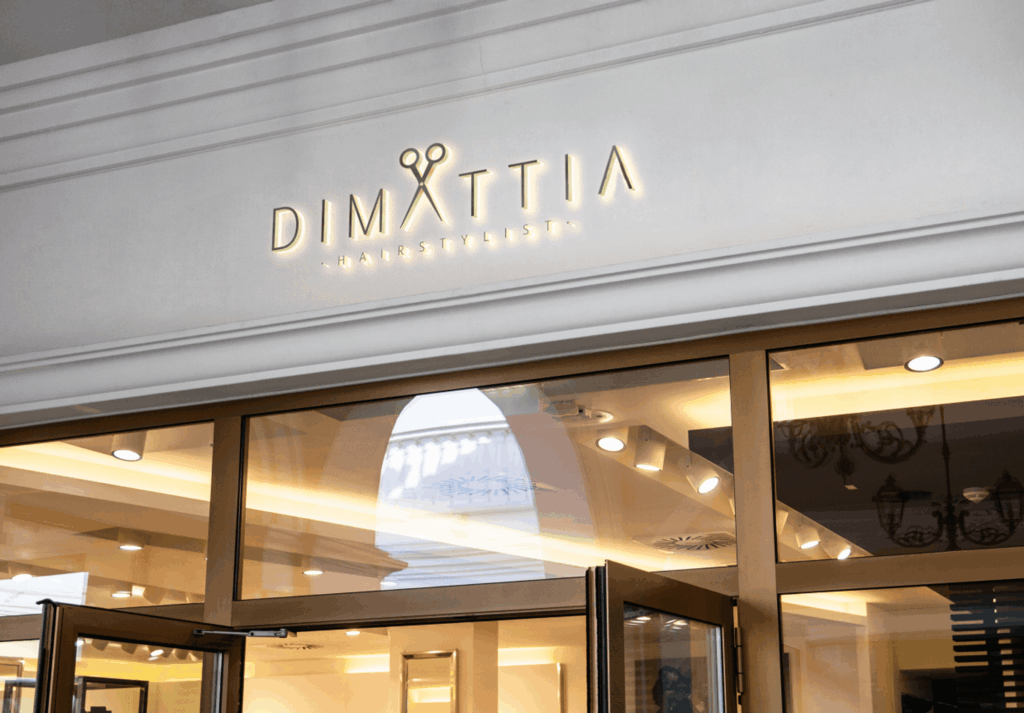 Leuchtschrift-Logo Dinastia über einem Ladeneingang – Grafikdesign von Marco Pendt