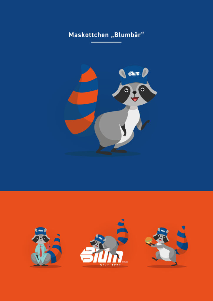 Maskottchen-Waschbär im Blum-Design auf Blau und Orange – Grafikdesign von Marco Pendt