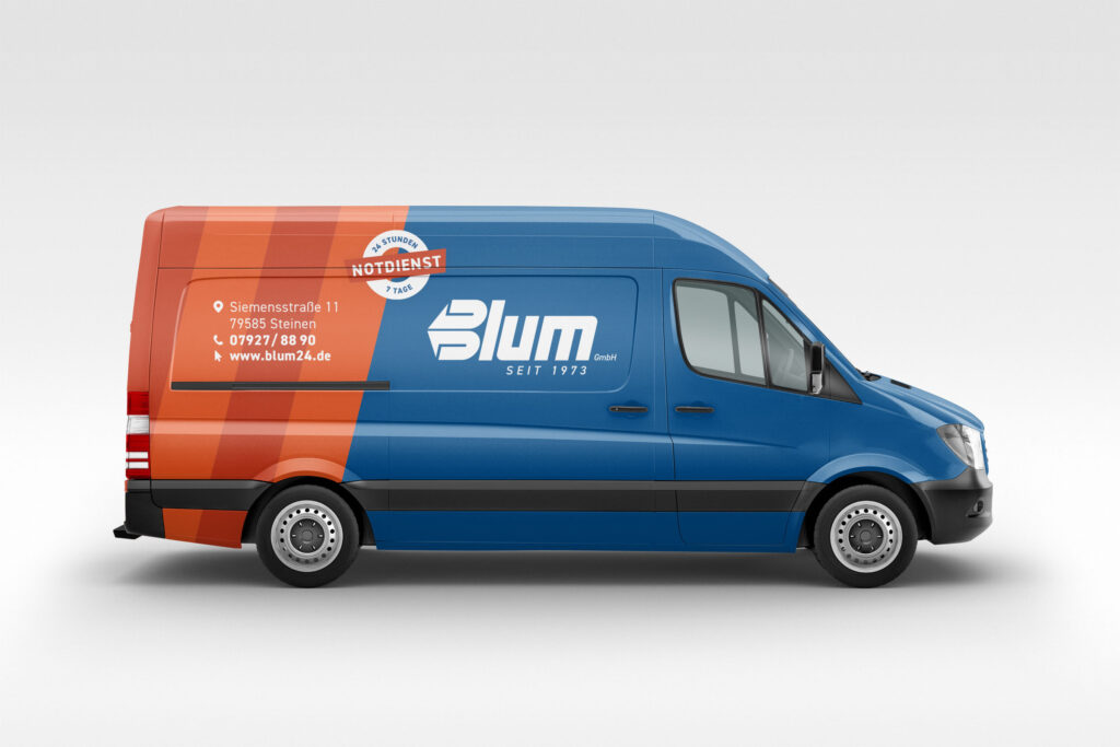 Firmentransporter im Blum-Design beschriftet – Grafikdesign von Marco Pendt