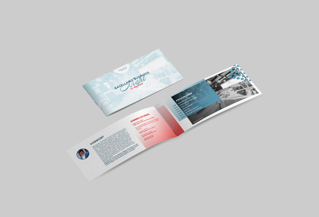 Querformatige Broschüre in Blau und Rot, Mockup – Grafikdesign von Marco Pendt